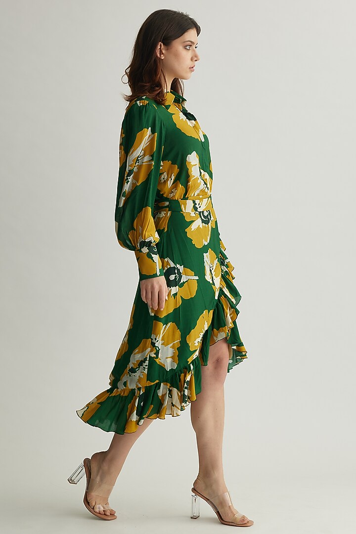 Green & Mustard Muslin Cotton Silk Floral Wrap Skirt by Koai at Pernia's Pop Up Shop