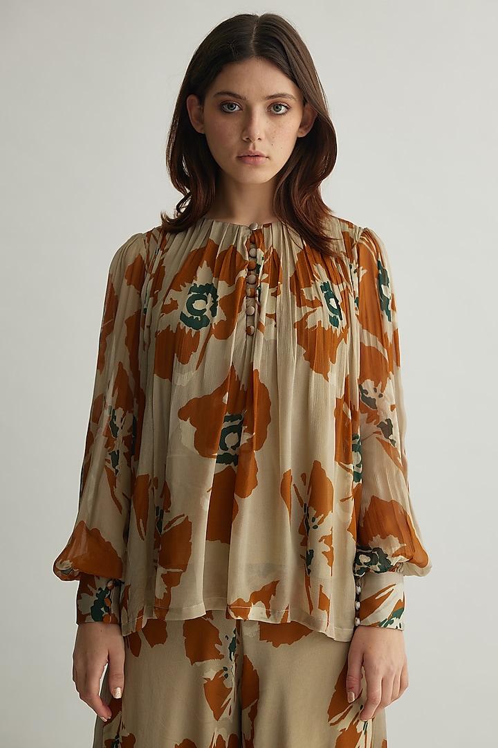 Beige & Rust Chiffon Floral Pleated Top by Koai at Pernia's Pop Up Shop