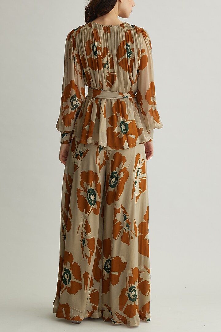 Beige & Rust Chiffon Floral Pleated Top by Koai at Pernia's Pop Up Shop