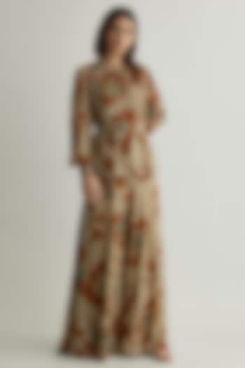 Beige & Rust Chiffon Floral Flared Pants by Koai at Pernia's Pop Up Shop