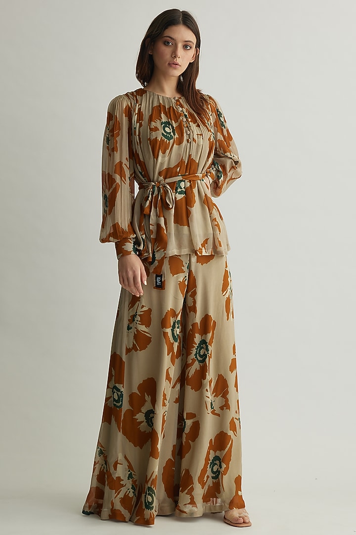 Beige & Rust Chiffon Floral Flared Pants by Koai at Pernia's Pop Up Shop