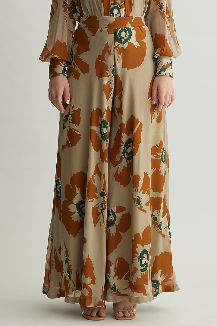 Beige & Rust Chiffon Floral Flared Pants by Koai at Pernia's Pop Up Shop