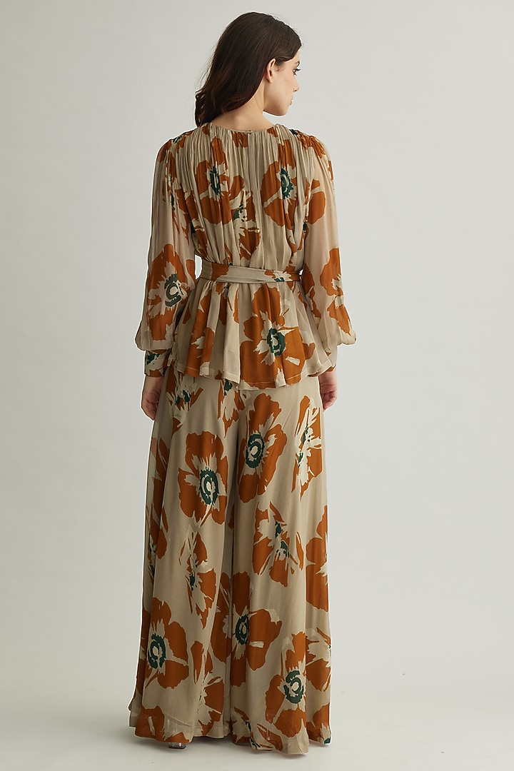 Beige & Rust Chiffon Floral Flared Pants by Koai at Pernia's Pop Up Shop