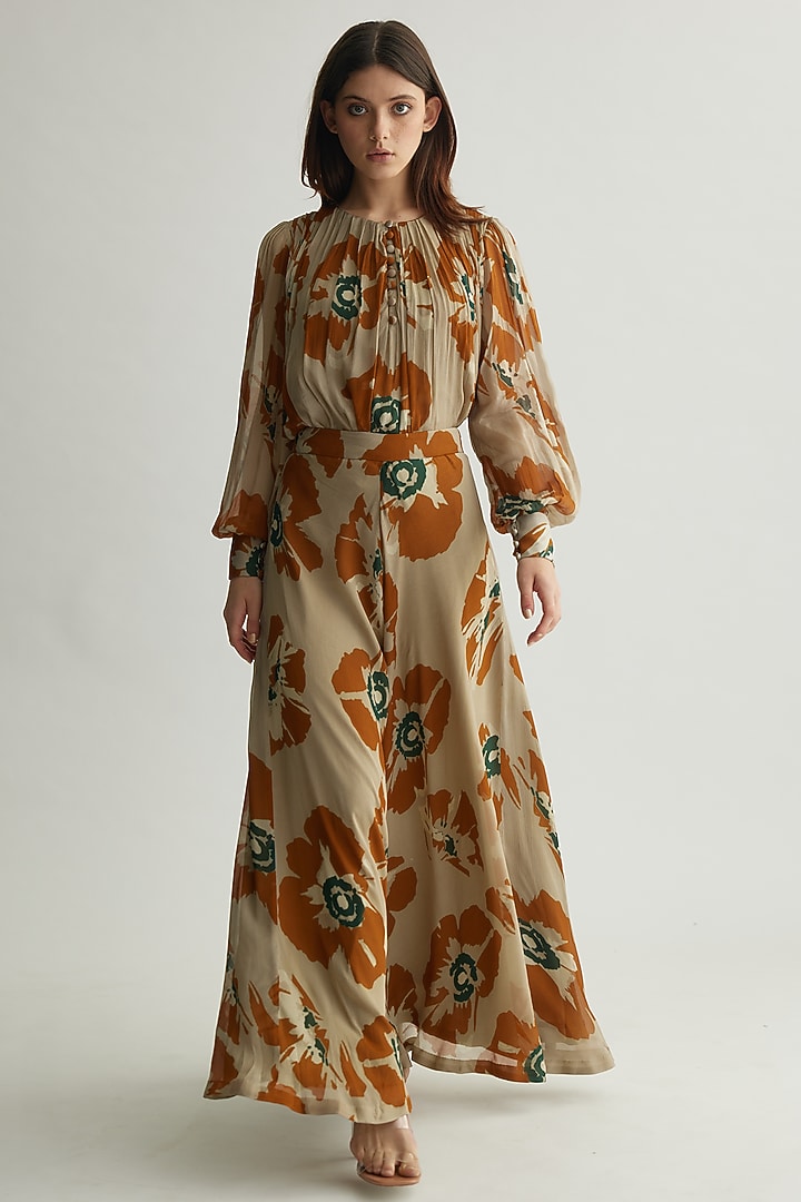 Beige & Rust Chiffon Floral Flared Pants by Koai at Pernia's Pop Up Shop