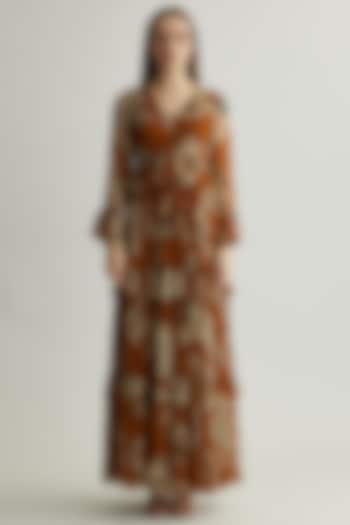 Rust & Beige Chiffon Floral Maxi Vacation Dress by Koai at Pernia's Pop Up Shop