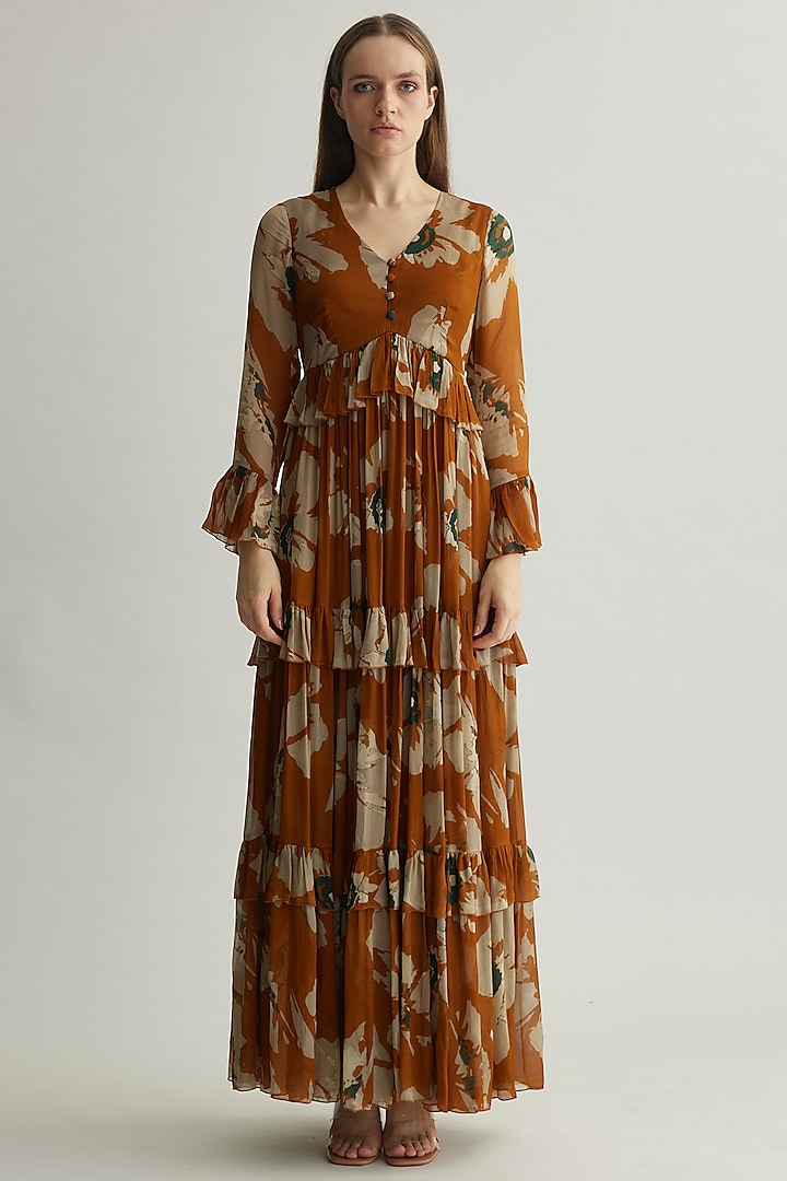 Rust & Beige Chiffon Floral Maxi Vacation Dress by Koai at Pernia's Pop Up Shop