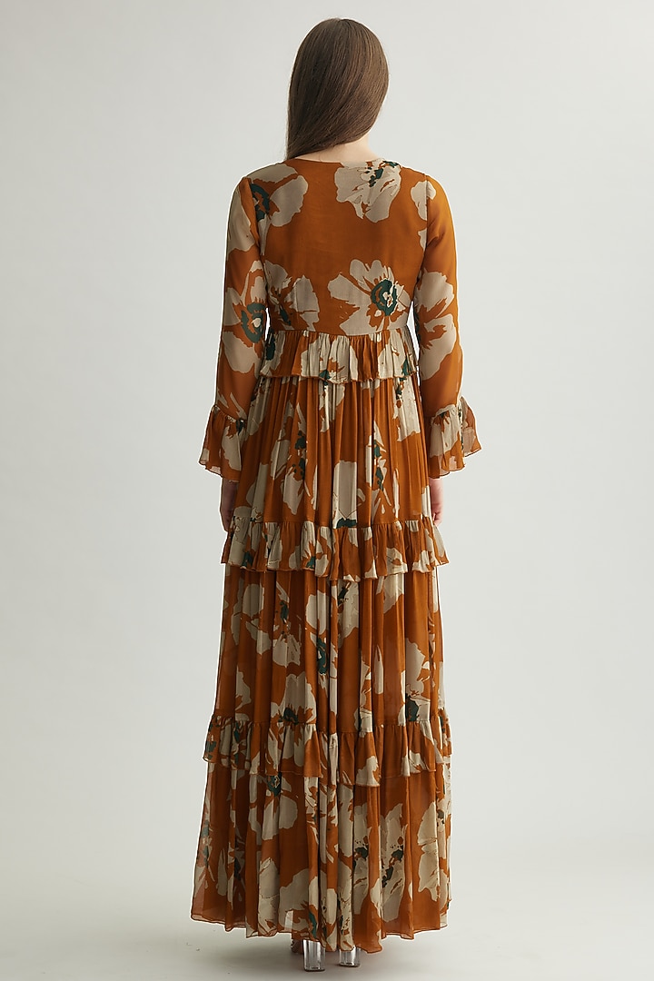 Rust & Beige Chiffon Floral Maxi Vacation Dress by Koai at Pernia's Pop Up Shop