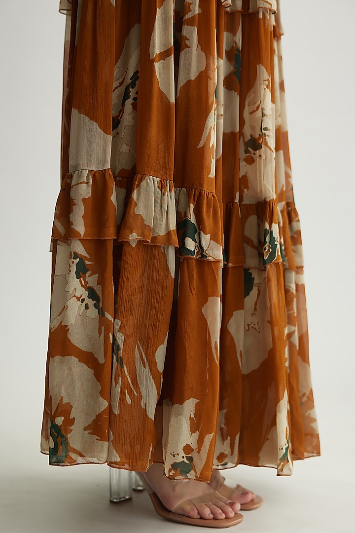 Rust & Beige Chiffon Floral Maxi Vacation Dress by Koai at Pernia's Pop Up Shop
