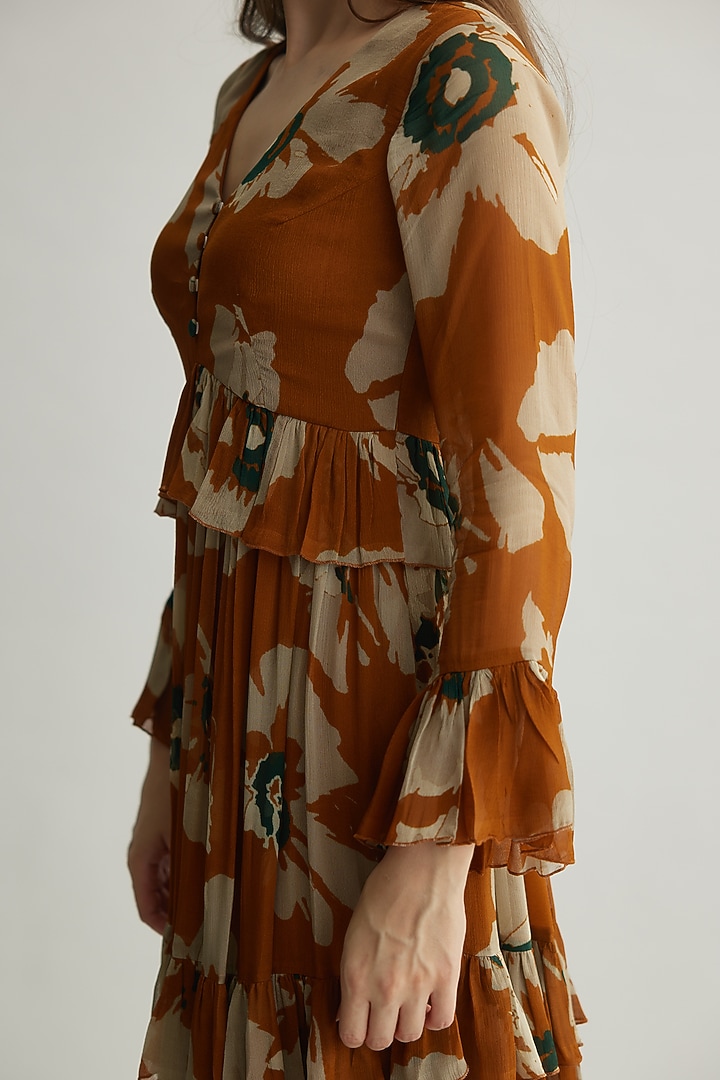 Rust & Beige Chiffon Floral Maxi Vacation Dress by Koai at Pernia's Pop Up Shop