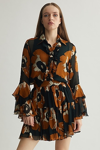 Black & Rust Chiffon Floral Frilled Top by Koai