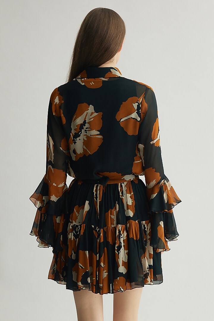 Black & Rust Chiffon Floral Frilled Top by Koai at Pernia's Pop Up Shop