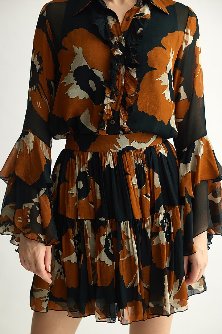 Black & Rust Chiffon Floral Frilled Top by Koai at Pernia's Pop Up Shop