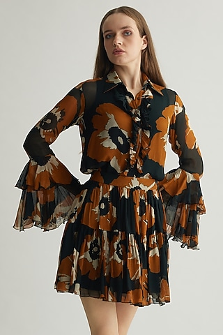 Black & Rust Chiffon Floral Mini Skirt by Koai