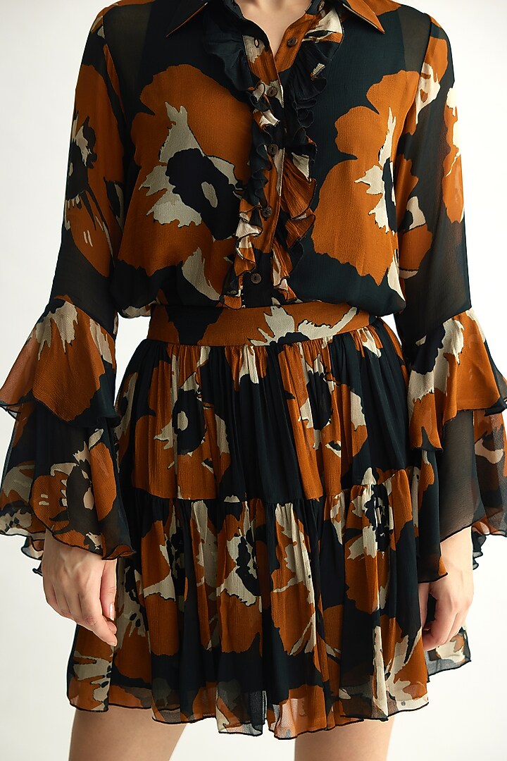 Black & Rust Chiffon Floral Mini Skirt by Koai at Pernia's Pop Up Shop