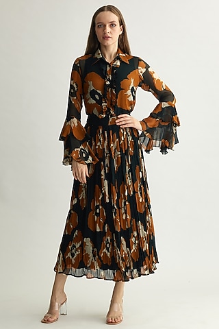 Black & Rust Chiffon Floral Crinkled Maxi Skirt by Koai