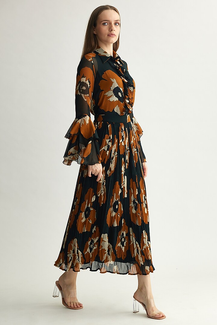 Black & Rust Chiffon Floral Crinkled Maxi Skirt by Koai at Pernia's Pop Up Shop
