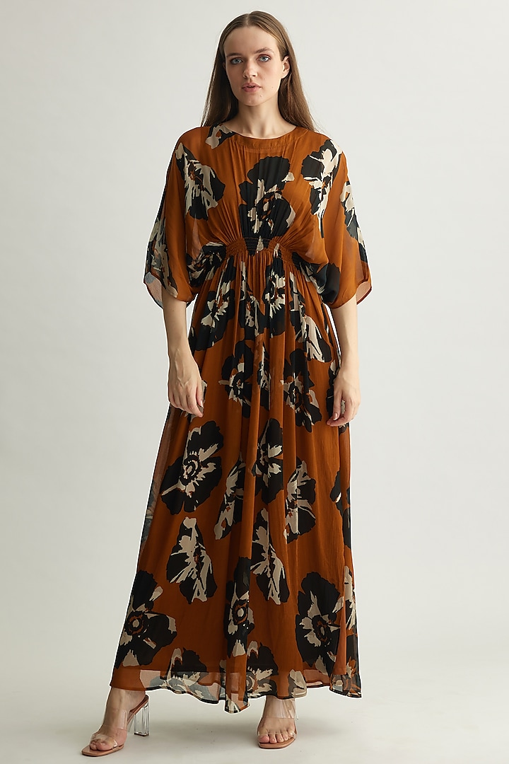 Rust & Black Chiffon Floral Kaftan Dress by Koai at Pernia's Pop Up Shop