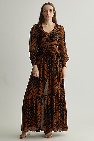 Rust & Black Chiffon Chevron Printed Wrap Jumpsuit by Koai