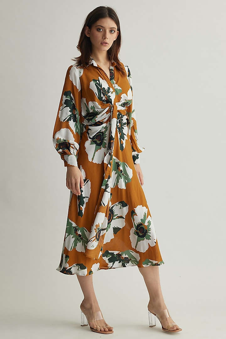 Rust & White Muslin Cotton Silk Floral Draped Shirt Dress by Koai at Pernia's Pop Up Shop