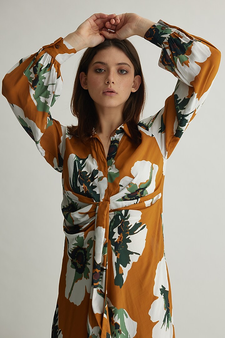 Rust & White Muslin Cotton Silk Floral Draped Summer Shirt Dress by Koai at Pernia's Pop Up Shop