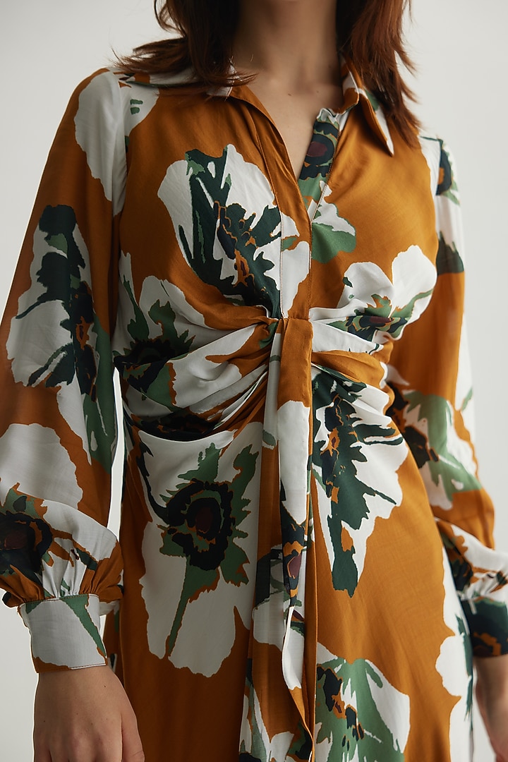 Rust & White Muslin Cotton Silk Floral Draped Summer Shirt Dress by Koai at Pernia's Pop Up Shop