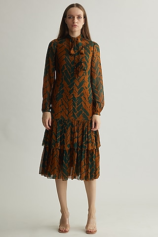 Rust & Green Chiffon Chevron Printed Midi Dress by Koai