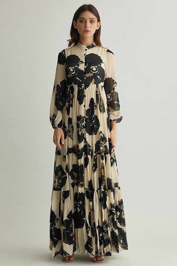 White & Black Chiffon Floral Maxi Dress by Koai at Pernia's Pop Up Shop