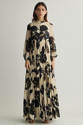 White & Black Chiffon Floral Maxi Dress by Koai