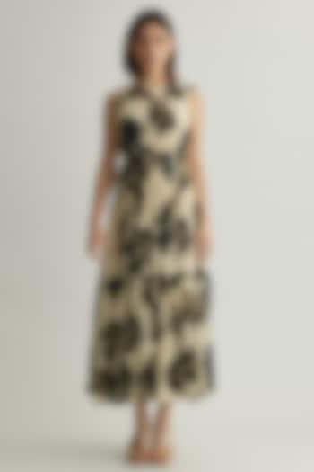 White & Black Georgette Floral Midi Vacation Dress by Koai at Pernia's Pop Up Shop