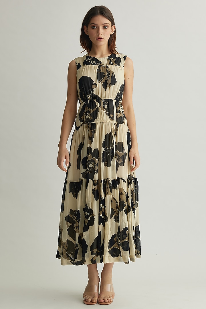 White & Black Georgette Floral Midi Vacation Dress by Koai at Pernia's Pop Up Shop