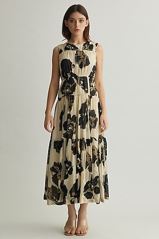 White & Black Georgette Floral Midi Dress by Koai