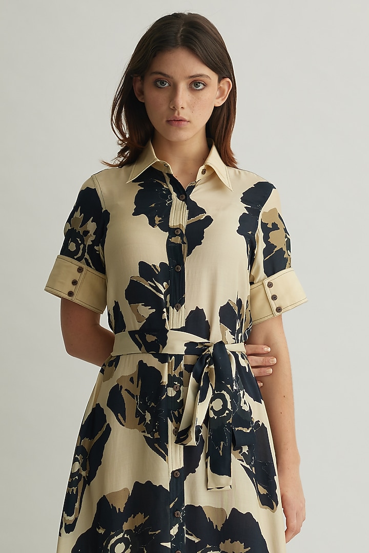 White & Black Muslin Cotton Silk Floral Vacation Shirt Dress by Koai at Pernia's Pop Up Shop