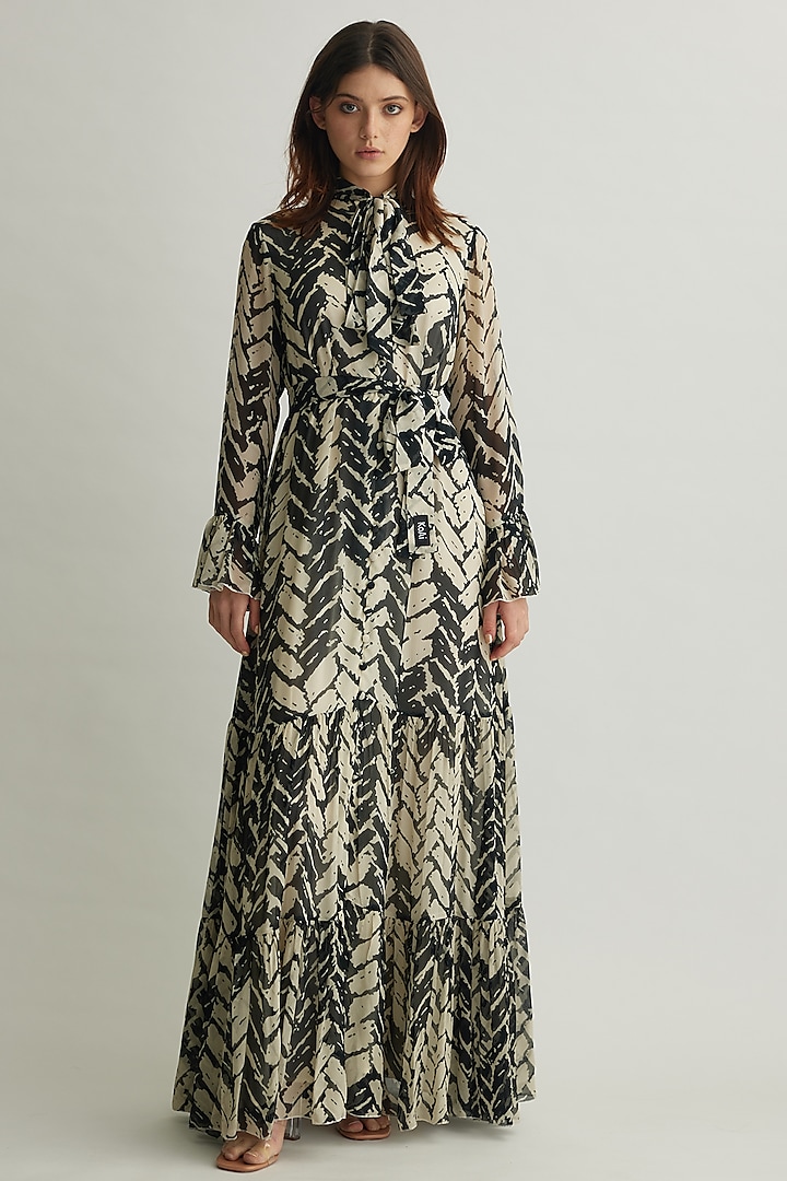 White & Black Chiffon Chevron Printed Maxi Dress by Koai at Pernia's Pop Up Shop