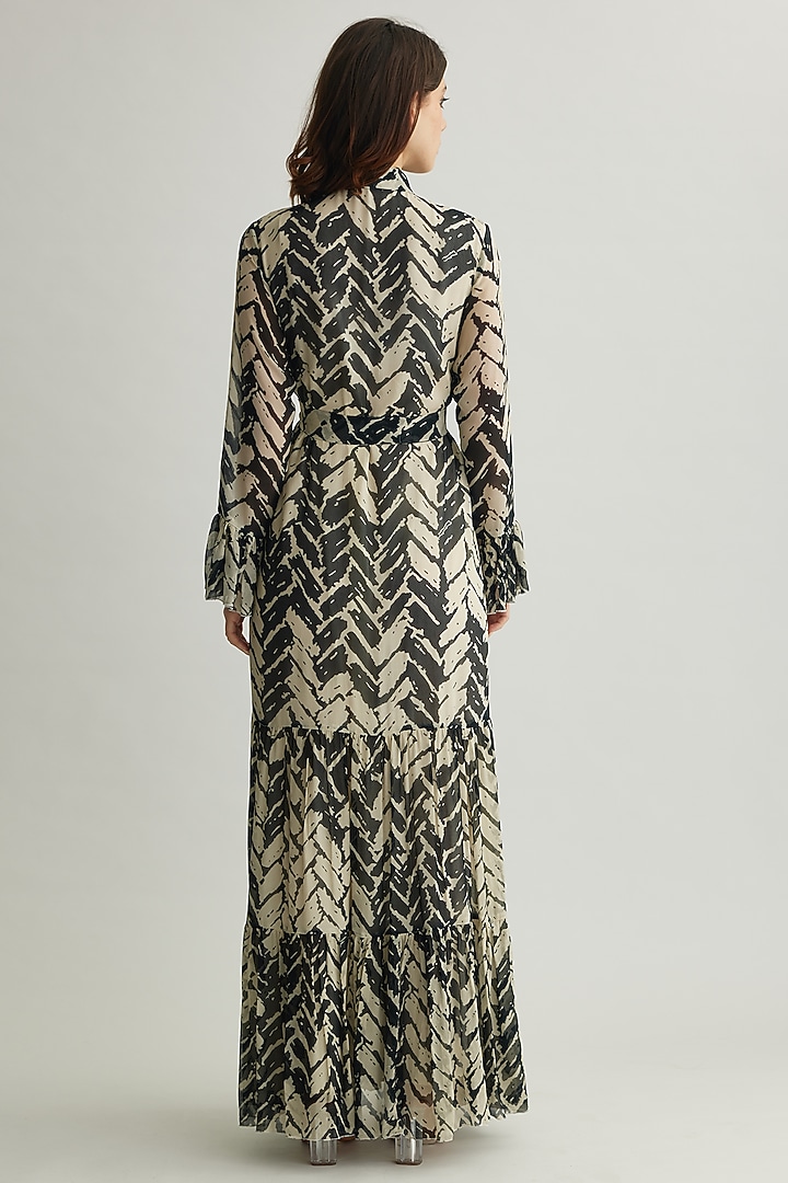 White & Black Chiffon Chevron Printed Maxi Vacation Dress by Koai at Pernia's Pop Up Shop