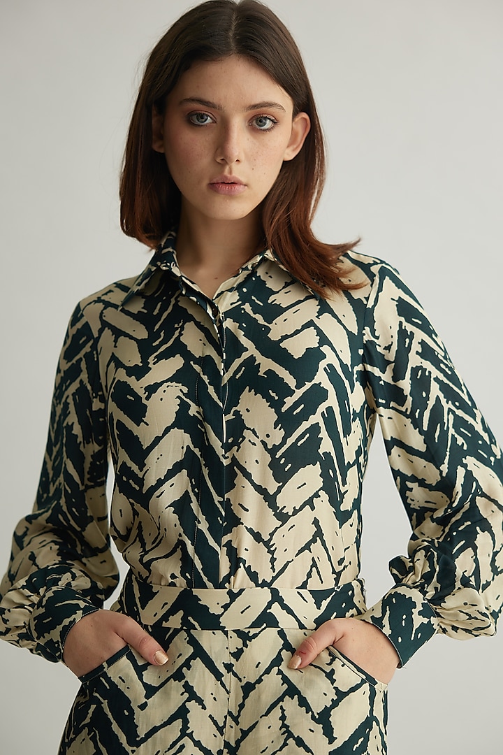 White & Dark Green Muslin Cotton Silk Chevron Printed Shirt by Koai at Pernia's Pop Up Shop