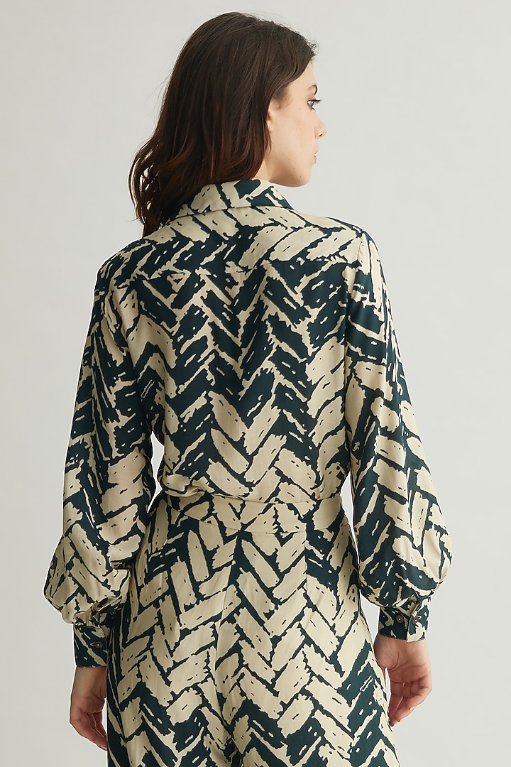 White & Dark Green Muslin Cotton Silk Chevron Printed Shirt by Koai at Pernia's Pop Up Shop