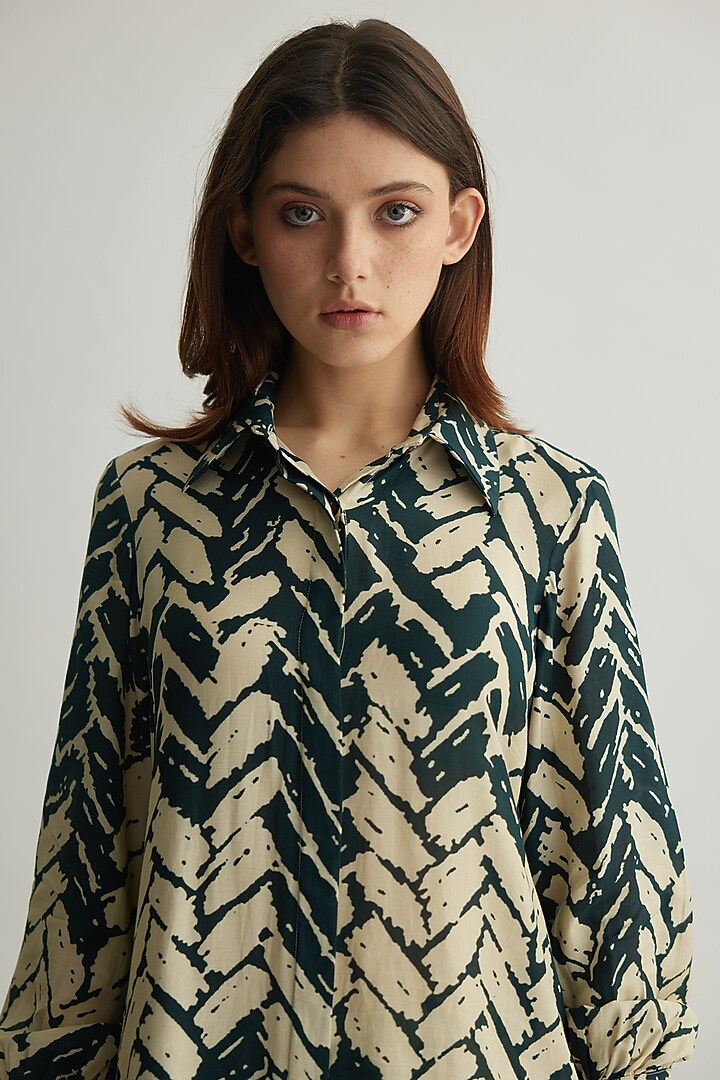 White & Dark Green Muslin Cotton Silk Chevron Printed Shirt by Koai at Pernia's Pop Up Shop