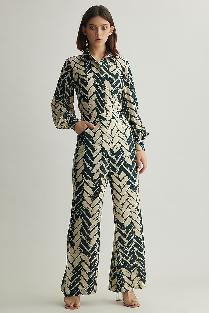 White & Dark Green Muslin Cotton Silk Chevron Printed Shirt by Koai at Pernia's Pop Up Shop