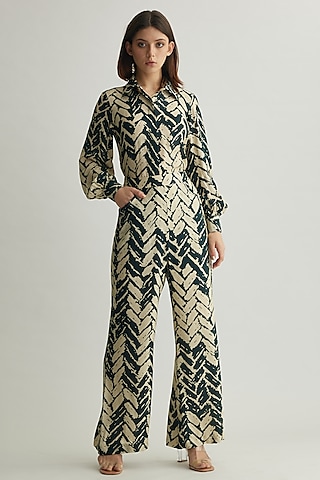White & Dark Green Muslin Cotton Silk Chevron Printed Pants by Koai