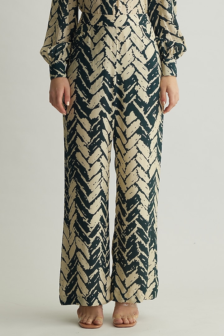 White & Dark Green Muslin Cotton Silk Chevron Printed Pants by Koai at Pernia's Pop Up Shop