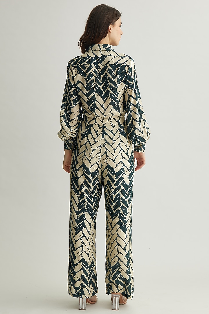 White & Dark Green Muslin Cotton Silk Chevron Printed Pants by Koai at Pernia's Pop Up Shop