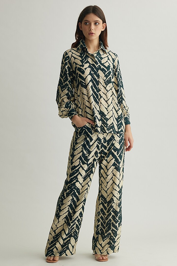 White & Dark Green Muslin Cotton Silk Chevron Printed Pants by Koai at Pernia's Pop Up Shop