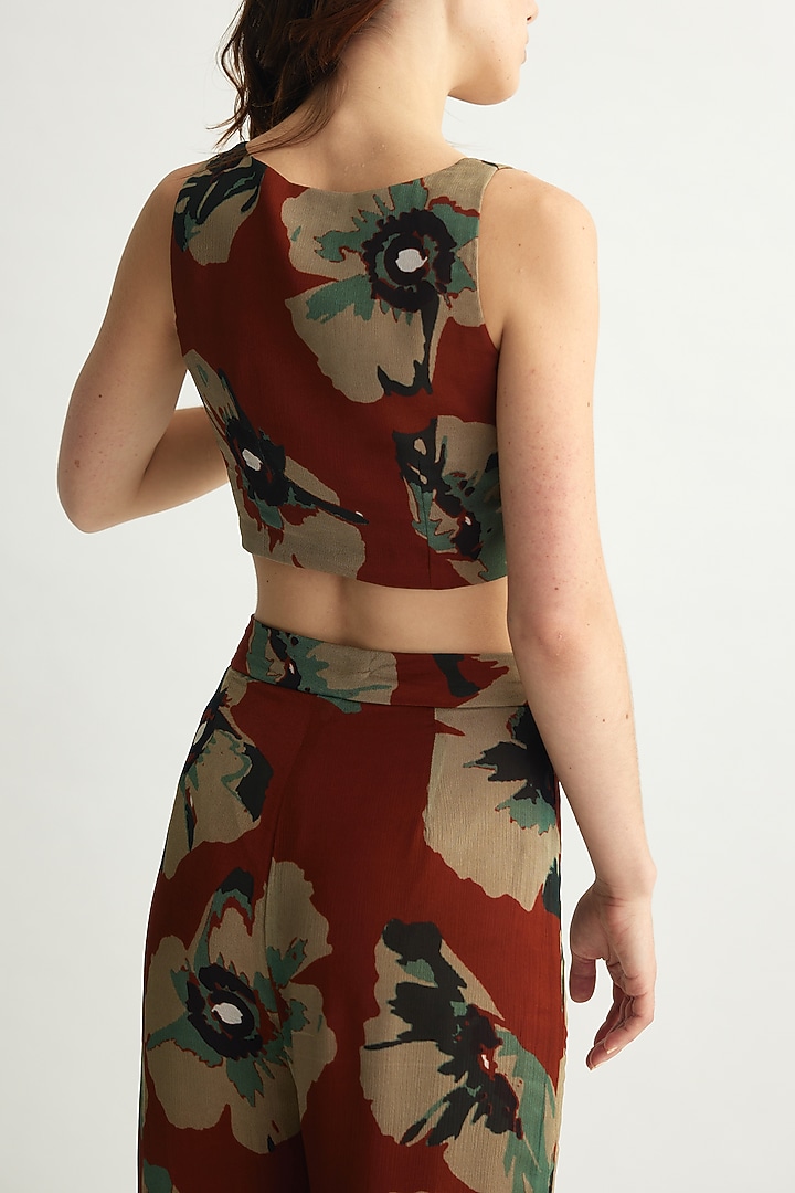 Brown & Beige Chiffon Floral Pants by Koai at Pernia's Pop Up Shop