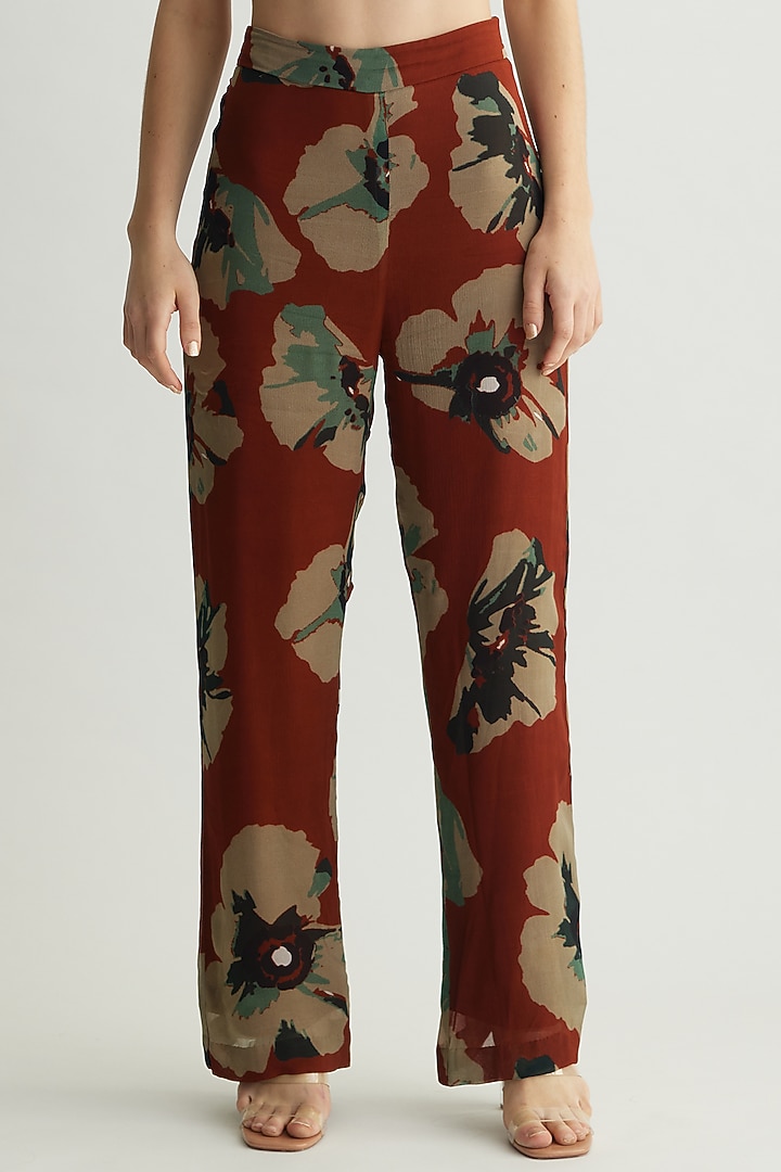 Brown & Beige Chiffon Floral Pants by Koai at Pernia's Pop Up Shop