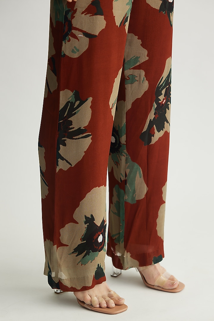 Brown & Beige Chiffon Floral Pants by Koai at Pernia's Pop Up Shop