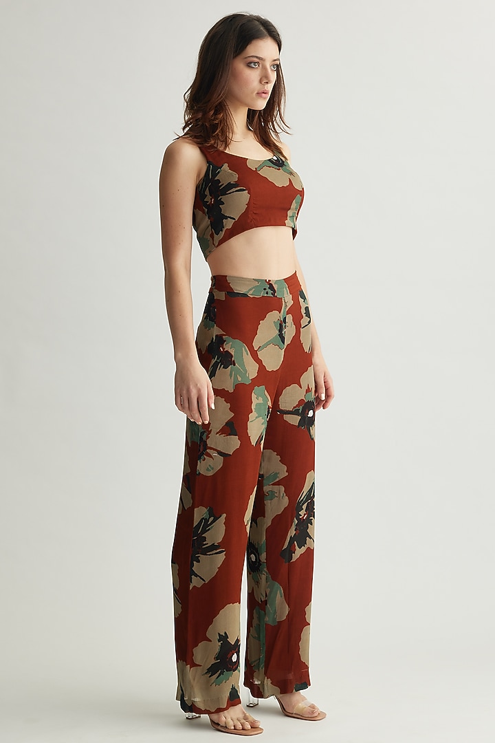Brown & Beige Chiffon Floral Pants by Koai at Pernia's Pop Up Shop