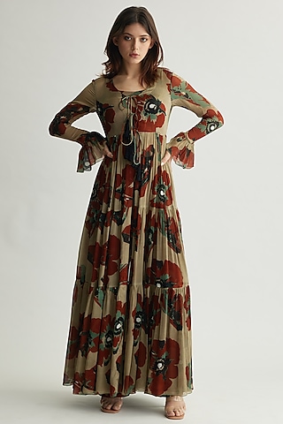 Beige & Brown Chiffon Layered Floral Cape by Koai
