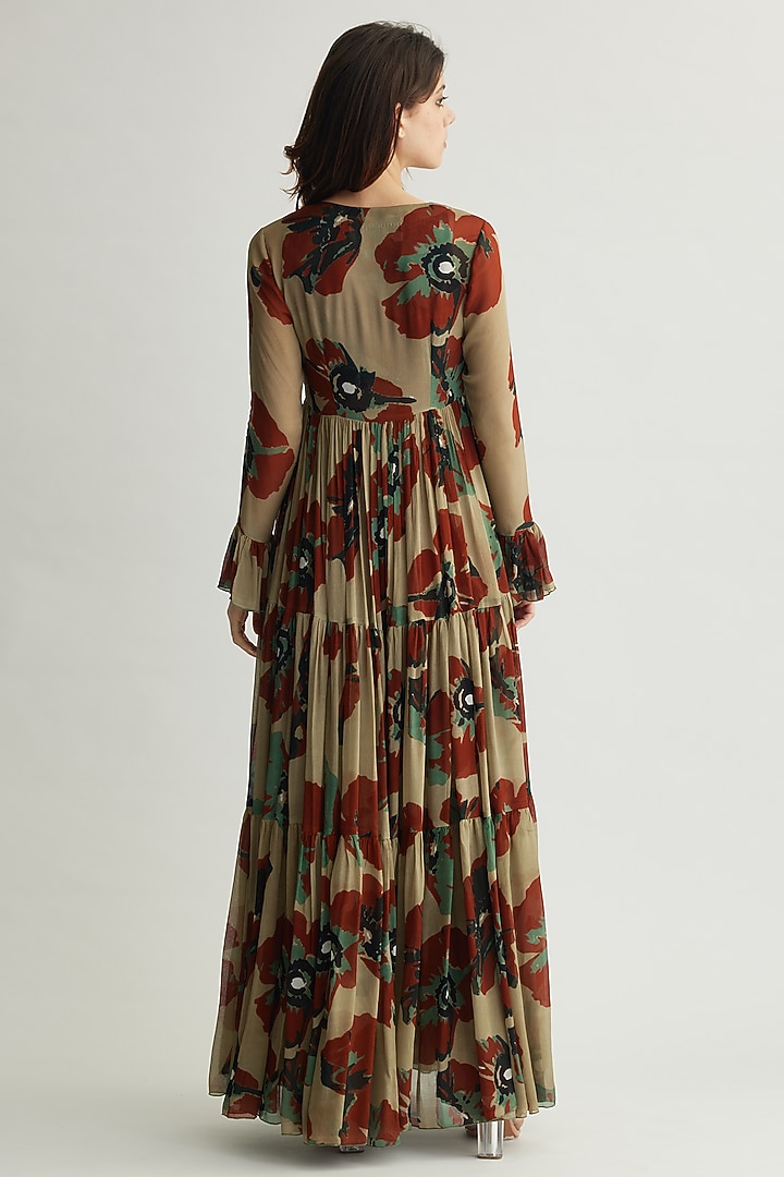 Beige & Brown Chiffon Layered Floral Cape by Koai at Pernia's Pop Up Shop