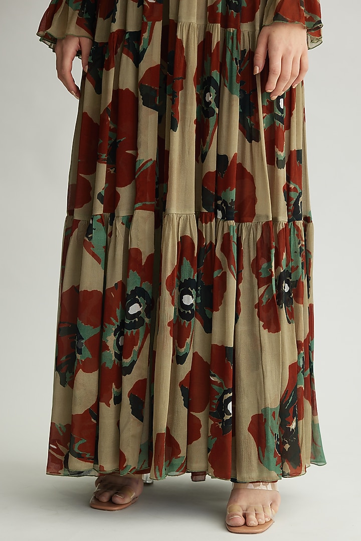 Beige & Brown Chiffon Layered Floral Cape by Koai at Pernia's Pop Up Shop