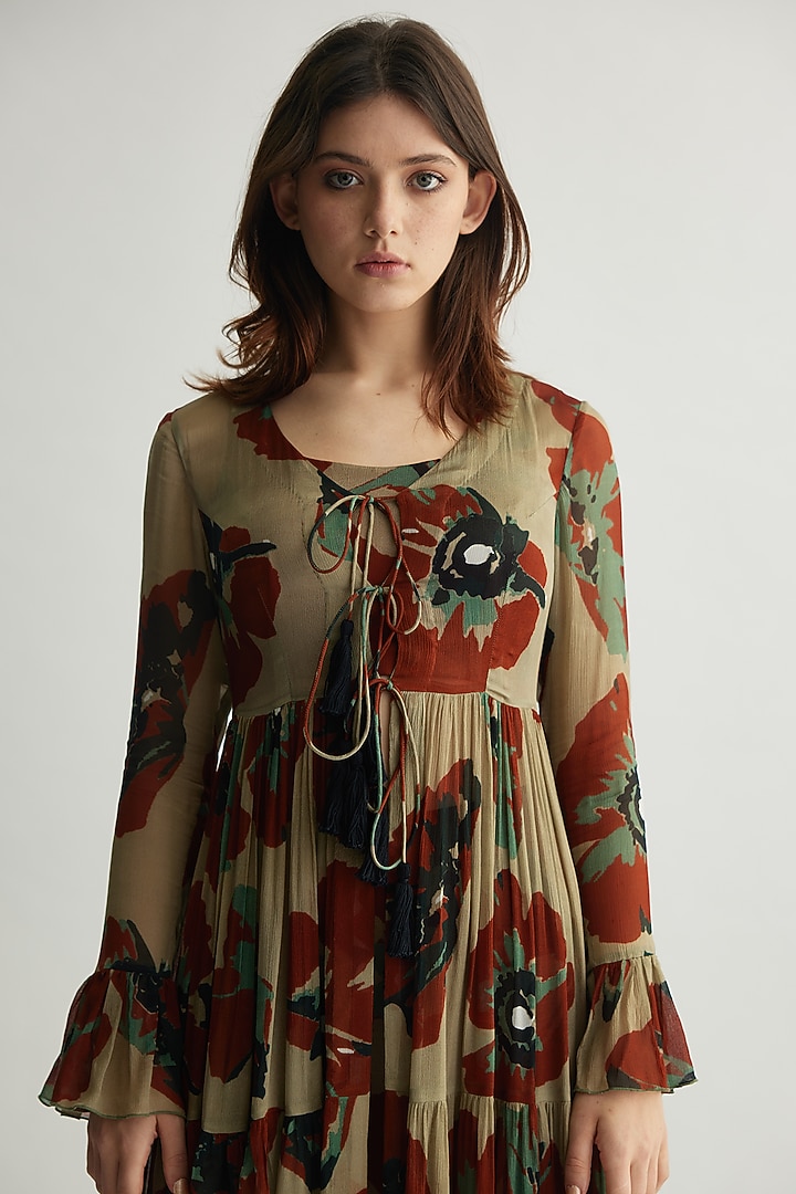 Beige & Brown Chiffon Layered Floral Cape by Koai at Pernia's Pop Up Shop